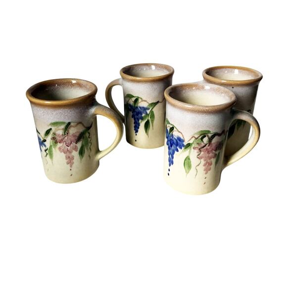 Emerson Creek Pottery Set of 4 Mugs Blue Pink Wisteria Pattern - Picture 2 of 5